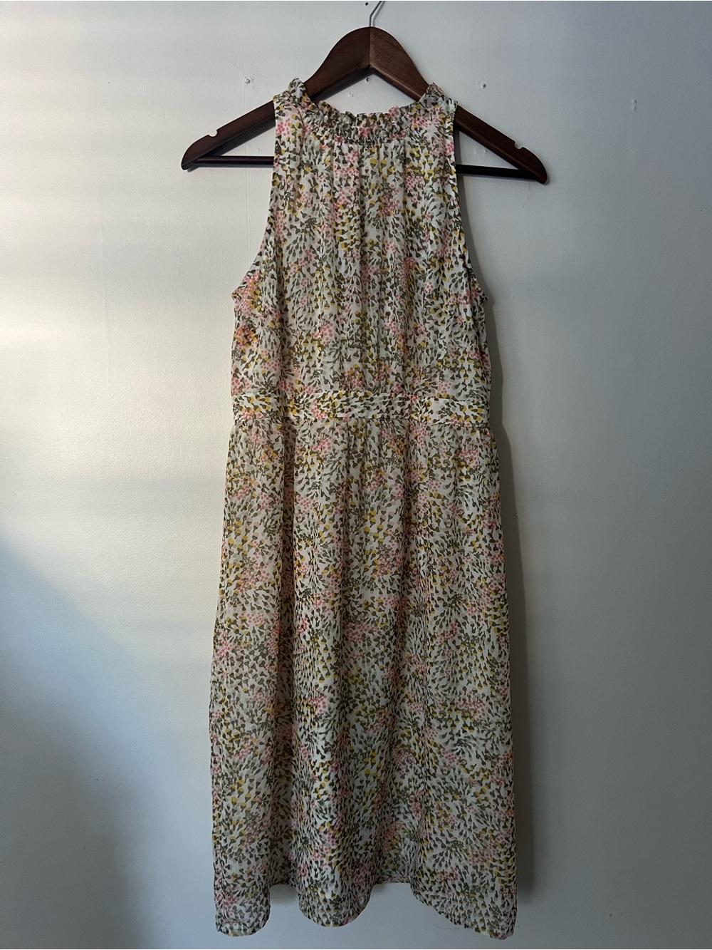 LOFT green/pink floral sleeveless feminine  flowy knee length dress, 4P, NWT